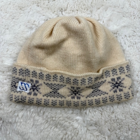 Murray Merkley Vintage Handmade 100% Wool Winter Beanie Ski Hat Ivory Blue - Picture 1 of 5